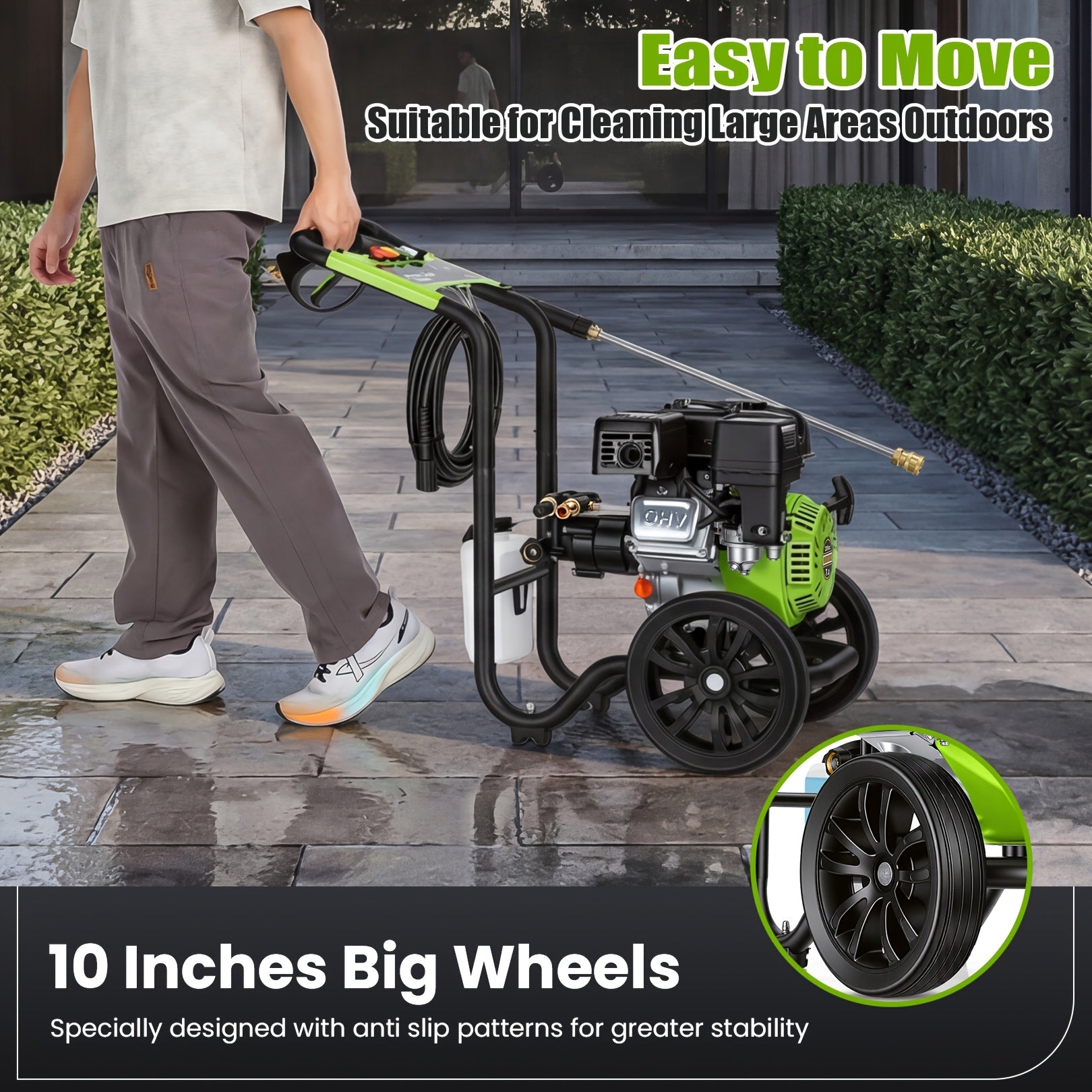 Maximum pressure 4400PSI, flow rate 3 gallons/minute, displacement 209 ml Commercial gas pressure washer with 10-inch tires, 7.0 horsepower professional gas washer with 5 nozzles, 25 feet of high pressure hose, and 50.72 oz foam bottle for automobiles