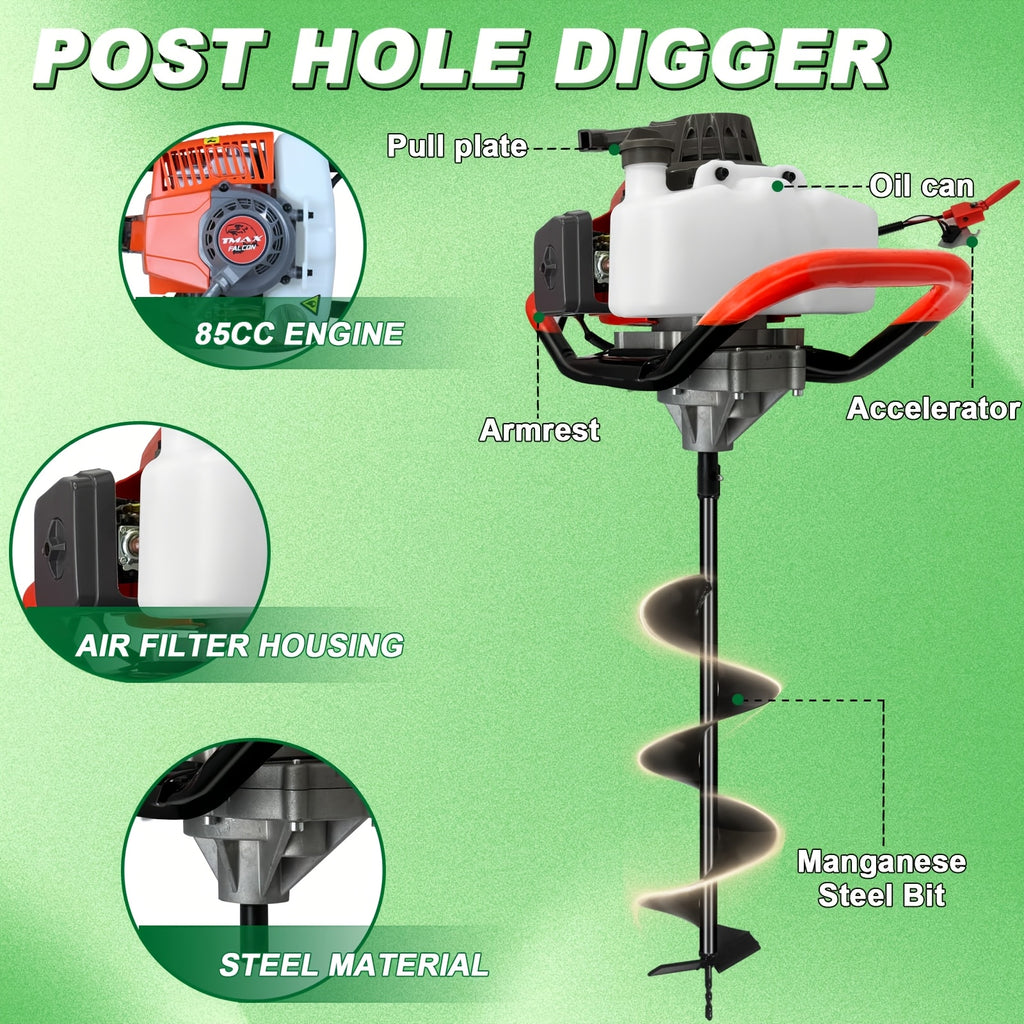 85CC/72cc spiral pile hole excavator, gasoline auger with 3 earth drills (4 inches, 6 inches, 8 inches) and 2 extension rods, suitable for garden farmland fence planting operations