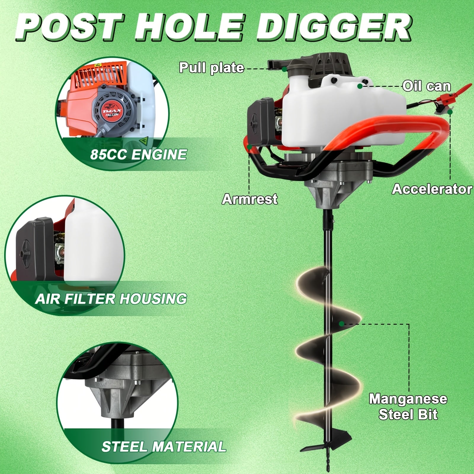 85CC/72cc spiral pile hole excavator, gasoline auger with 3 earth drills (4 inches, 6 inches, 8 inches) and 2 extension rods, suitable for garden farmland fence planting operations