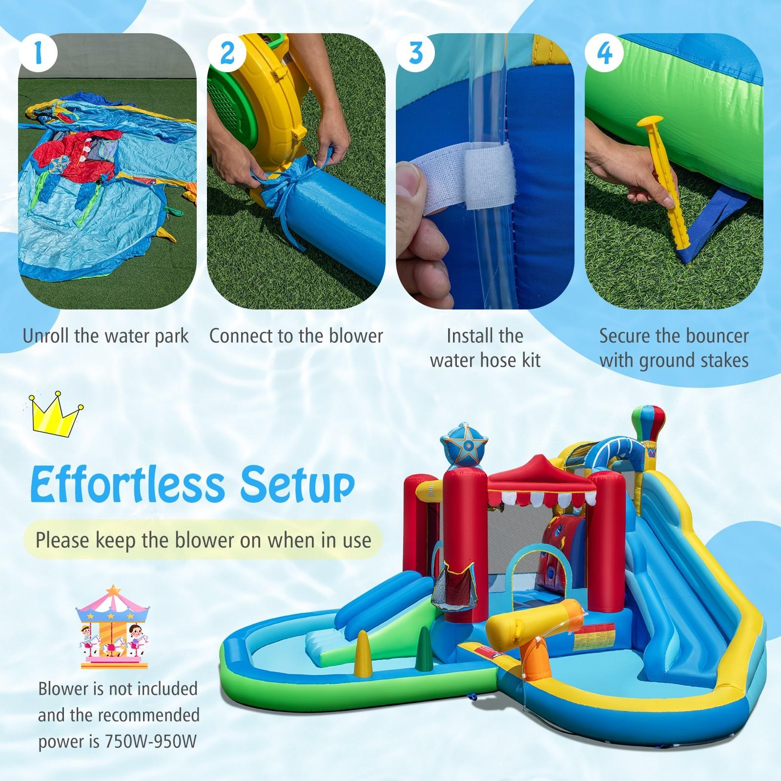 Inflatable water park with water slide, water wave pool, water cannon, ring toss game, ball pit, climbing wall, basketball hoop and storage basket, wet & dry bounce house, perfect for birthday parties (blower not included)
