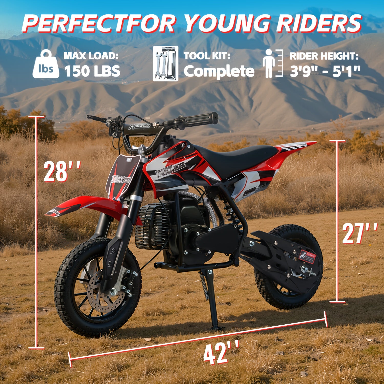 Gas oil motorcycle, off-road motorcycle, 49 CC two-stroke gas oil motorcycle (model: DB001), top speed: 20 Mph, EPA certified, with rear suspension, kill stop switch, disc brake. Surprise gift, battery free