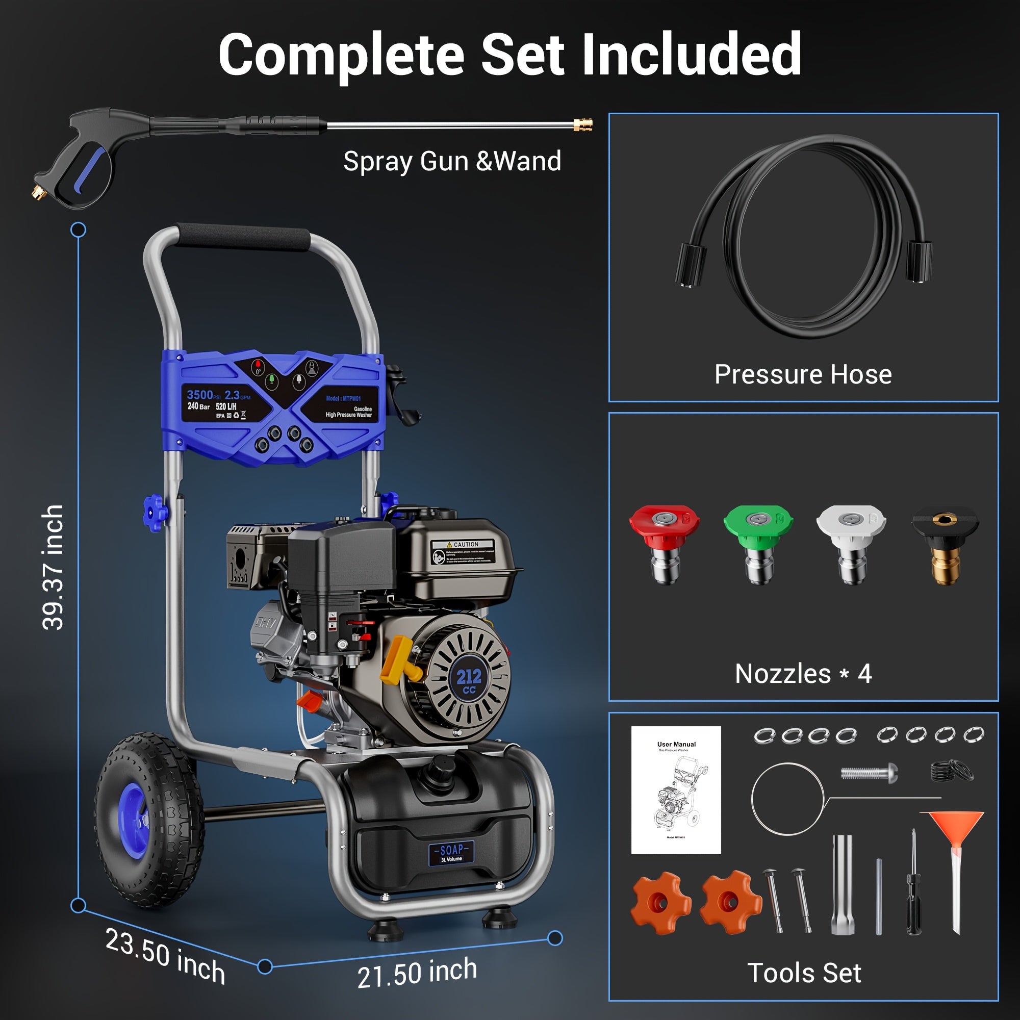 3500PSI 2.3GPM 212CC gasoline-powered high-pressure washer, gasoline-powered high-pressure washer for cleaners with OHV 212CC engine, 4 adjustable nozzles, 25 'hose for cleaning walls, patios, vehicles, gardens