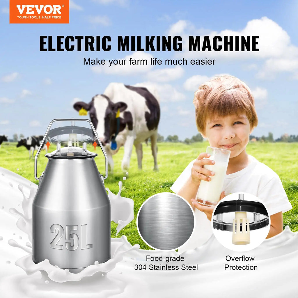 【DealsForYouDays】VEVOR Electric Cow Milking Machine, 6.6 Gal / 25 L 304 Stainless Steel Bucket, Automatic Pulsation Vacuum Milker, Portable Milker with Food-grade Silicone Cups and Tubes, Adjustable Pressure
