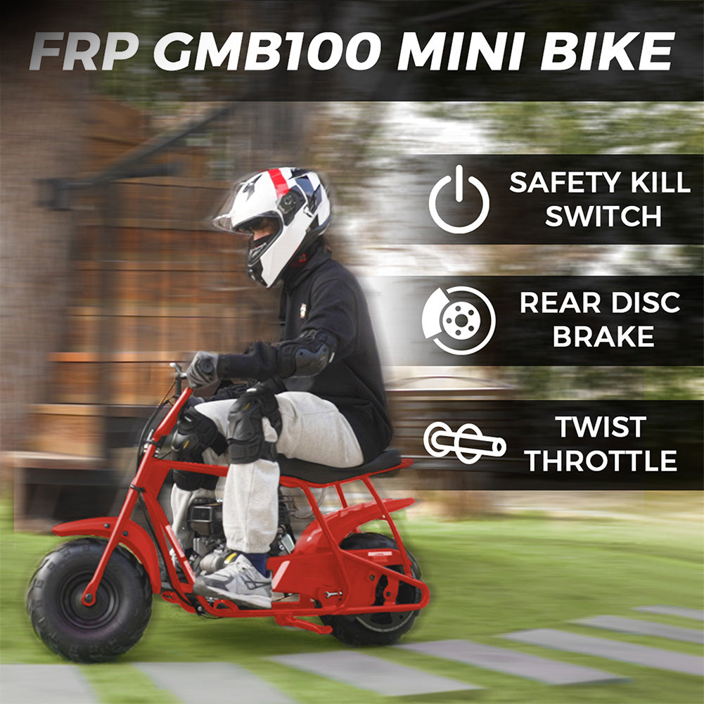 FRP GMB100 100cc adult mini gasoline motorcycle, four-stroke engine, top speed of 28 mph, EPA certified, designed life of 10,000 kilometers, off-road mountain motorcycle, 220 pounds