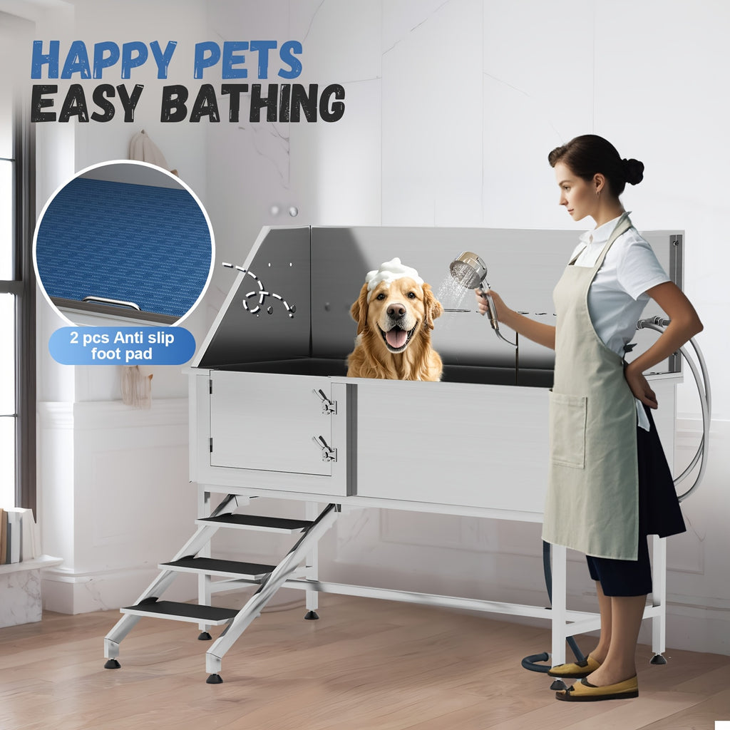 Household pet bath, XL 304 stainless steel professional pet bath with stairs, pet bath tub includes 3-speed adjustable shower head, removable mesh, easy to clean