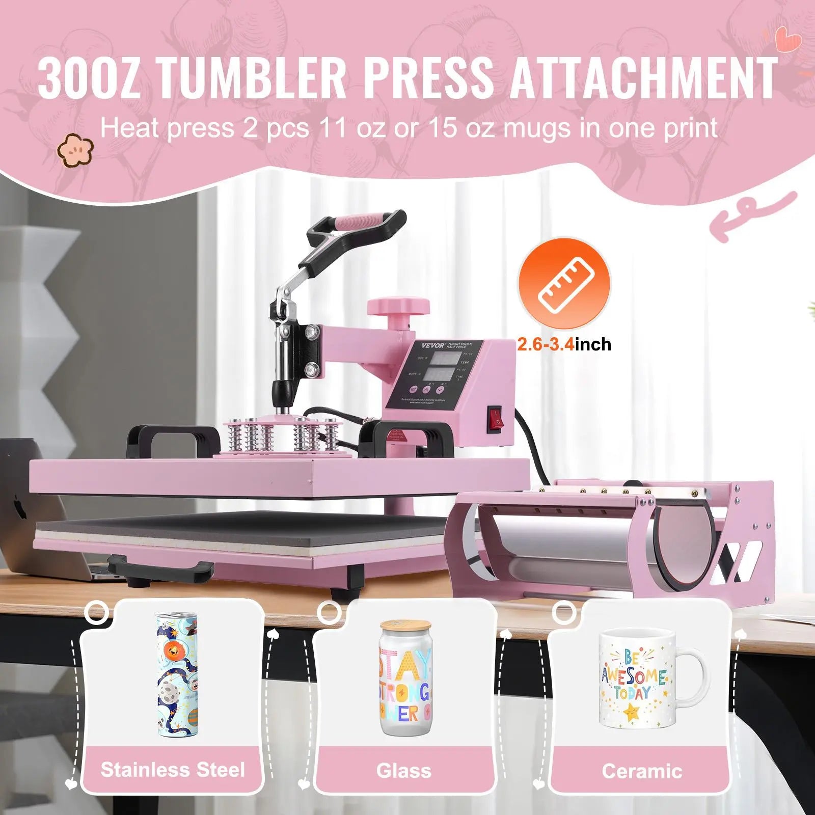【DealsForYouDays】VEVOR Heat Press Machine, 15 x 15 inch, 8 in 1 Heat Transfer Machine with 6-30 oz Tumbler Press, 360° Swing Away T-Shirt Pressing, Digital Precise Control, for T-Shirts/Mugs/Hats/Plates, Pink