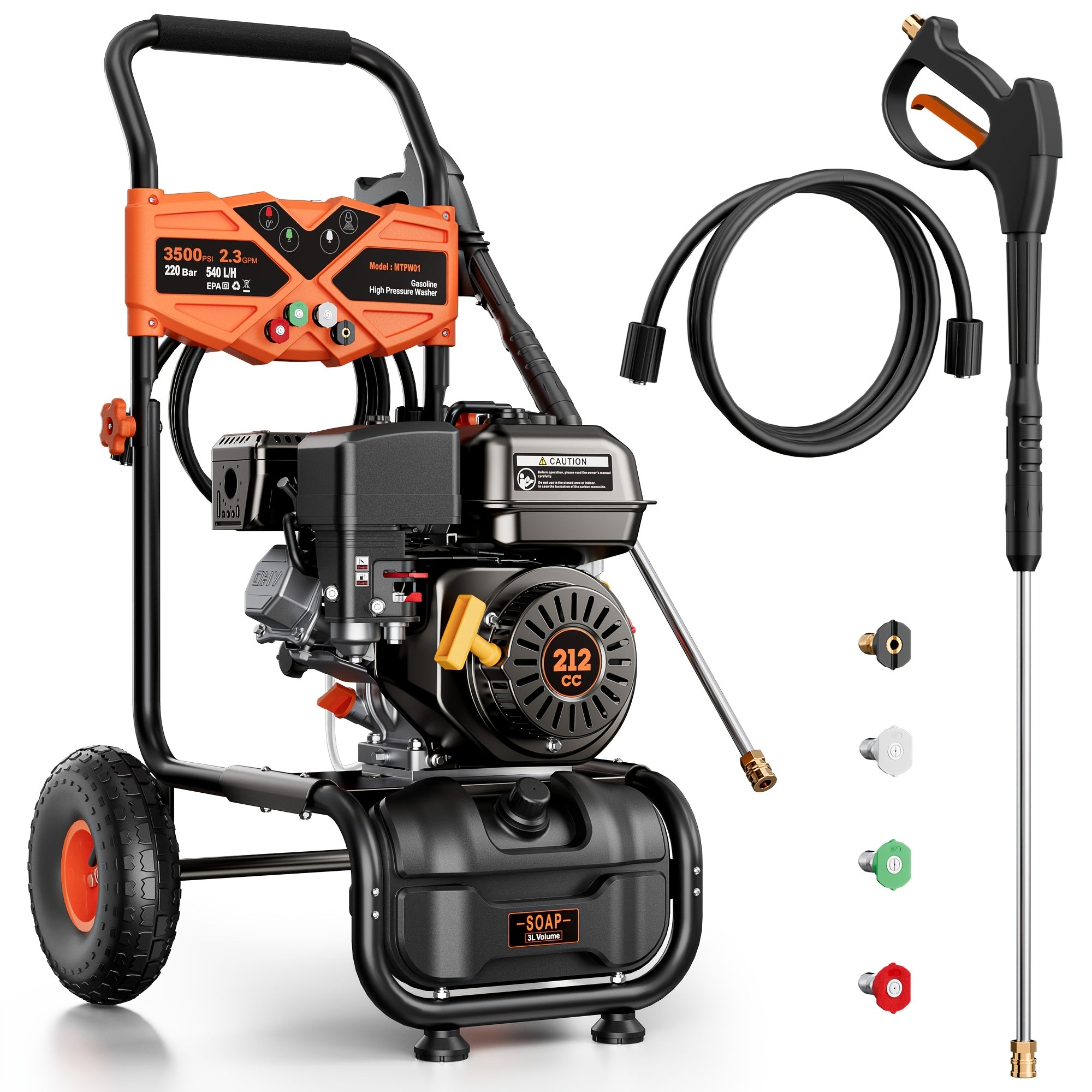 3500PSI High Pressure Washer - 2.3 gallons per minute (approx. 212 ml/min) gasoline engine type washer with 25-foot hose and 4 quick-connect multi-angle nozzles, yard car high pressure washer, perfect for cleaning outdoor surfaces, roads and walls