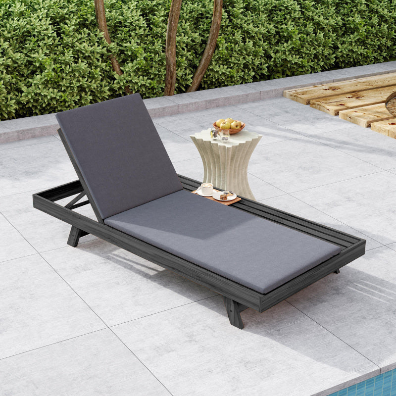 Lounge Chaise Set, Space Available On One Side, Acacia Wood In Black with Water-Resistant Lounge Cushions Dark Grey and 2 Inch Thick Matching Cream/Leaf Coconut Version Available
