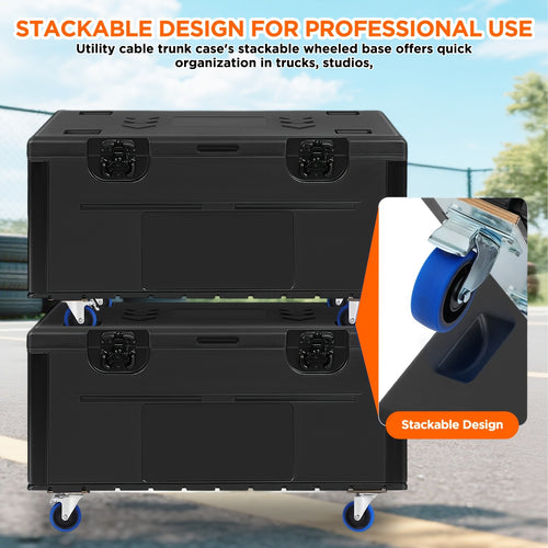 1 black wheeled cable box with dividers, size 44" x 22" x 24", stackable heavy duty ata rolling tool box, high density polyethylene (hdpe), tool box cable box for professional audio, dj equipment and instrument storage, with casters