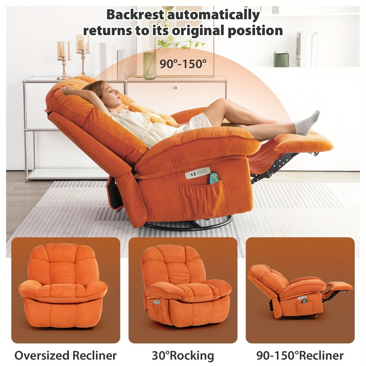 Electric rocking chair, super filled rotating rocking chair with vibration massage and heating function, modern single sofa rocking chair, electric rocking chair with USB port, USB-C port and side pocket, living room decoration.