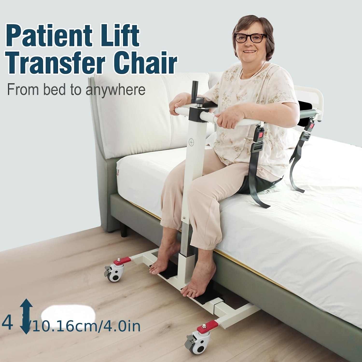 Heavy-duty household transfer lift chair with backrest, four-wheel base and guide rail system, the elderly lift chair, height adjustable lift system, suitable for bedside, car bedside, toilet chair, shower chair, etc., can be used as a lift chair