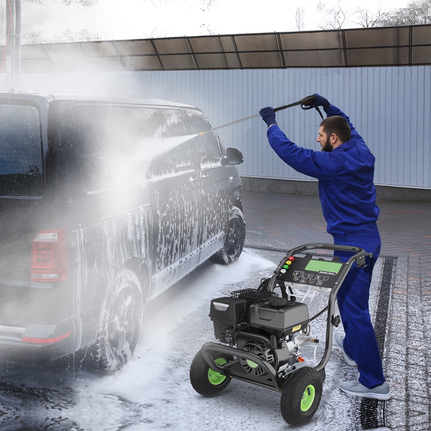 Maximum pressure 4200PSI, flow rate 4 gallons/minute, 196 ml displacement Commercial gas pressure washer, 6.5 horsepower professional gas cleaning equipment, equipped with 5 nozzles, 25 feet of hose and foam bottle, suitable for automobiles, fences