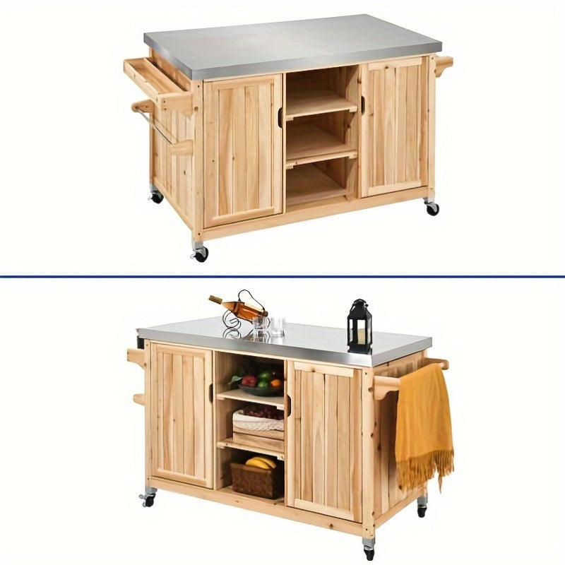 Phabules large outdoor kitchen island car with waterproof storage box, heavy duty wooden mobile bar car, 4-wheel design, 3-layer shelving, barbecue table for backyard, patio, garden, party (easy to assemble)