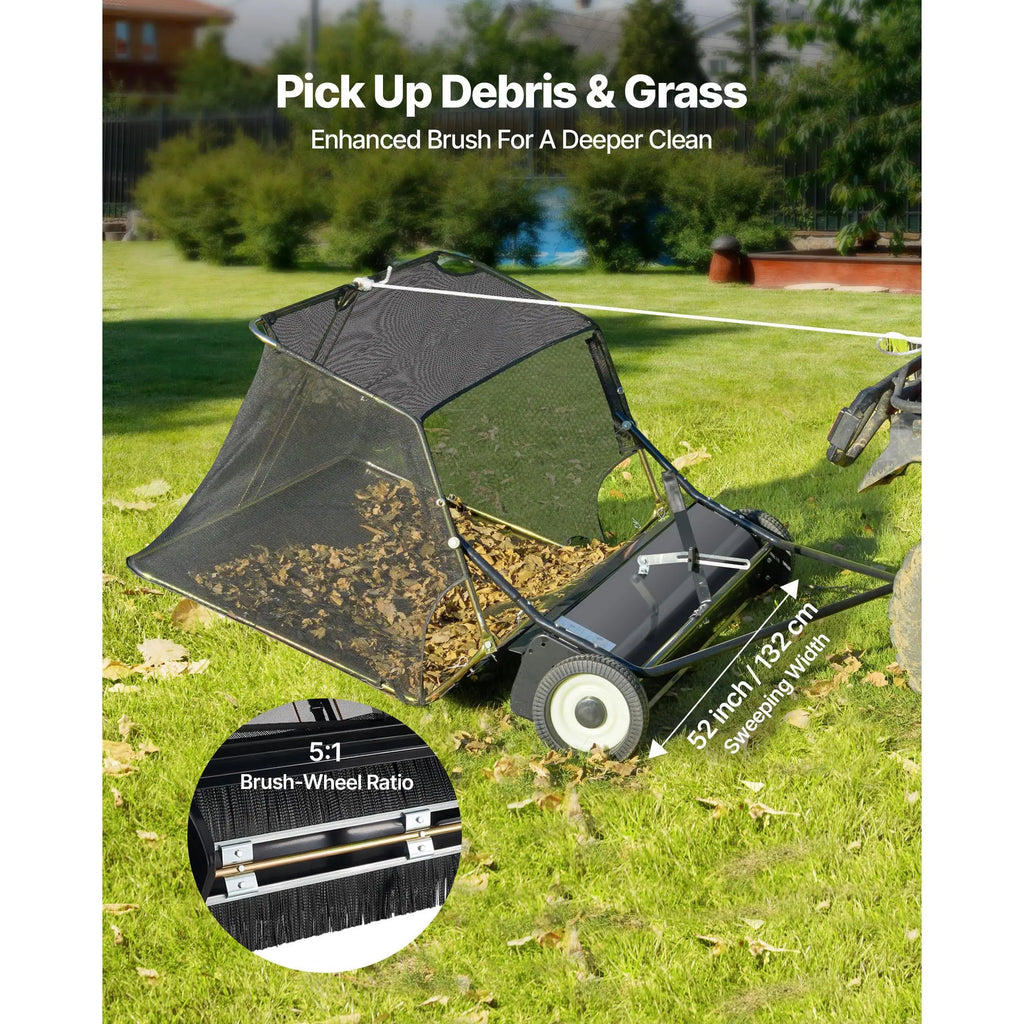 【DealsForYouDays】VEVOR 52 in Tow Behind Lawn Sweeper, 26 cu.ft. Large Yard Sweeper, Adjustable Sweeping Height, Heavy Duty Leaf & Grass Collector with Dumping Rope, Pull Behind Sweepers for Debris Grass Clippings