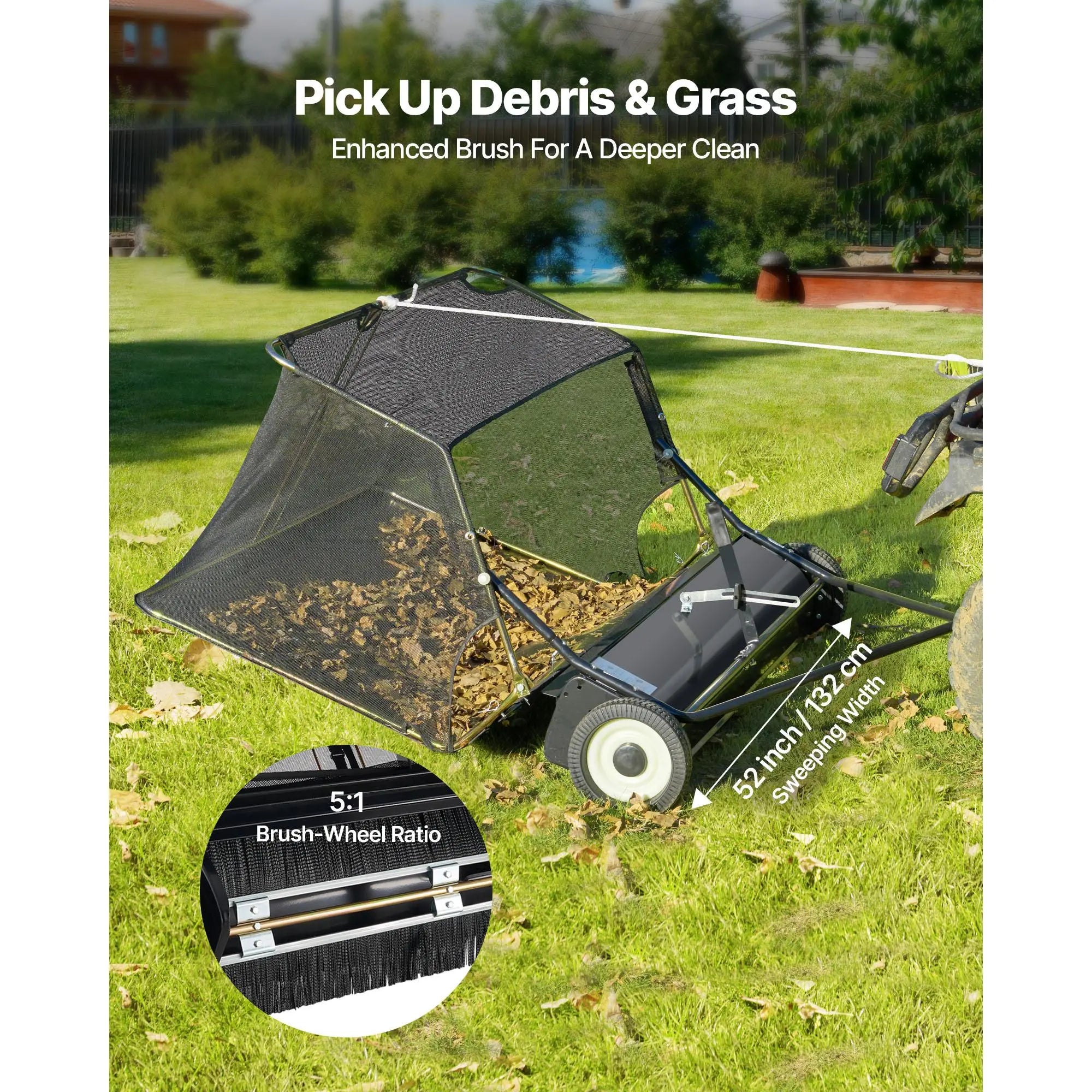 【DealsForYouDays】VEVOR 52 in Tow Behind Lawn Sweeper, 26 cu.ft. Large Yard Sweeper, Adjustable Sweeping Height, Heavy Duty Leaf & Grass Collector with Dumping Rope, Pull Behind Sweepers for Debris Grass Clippings