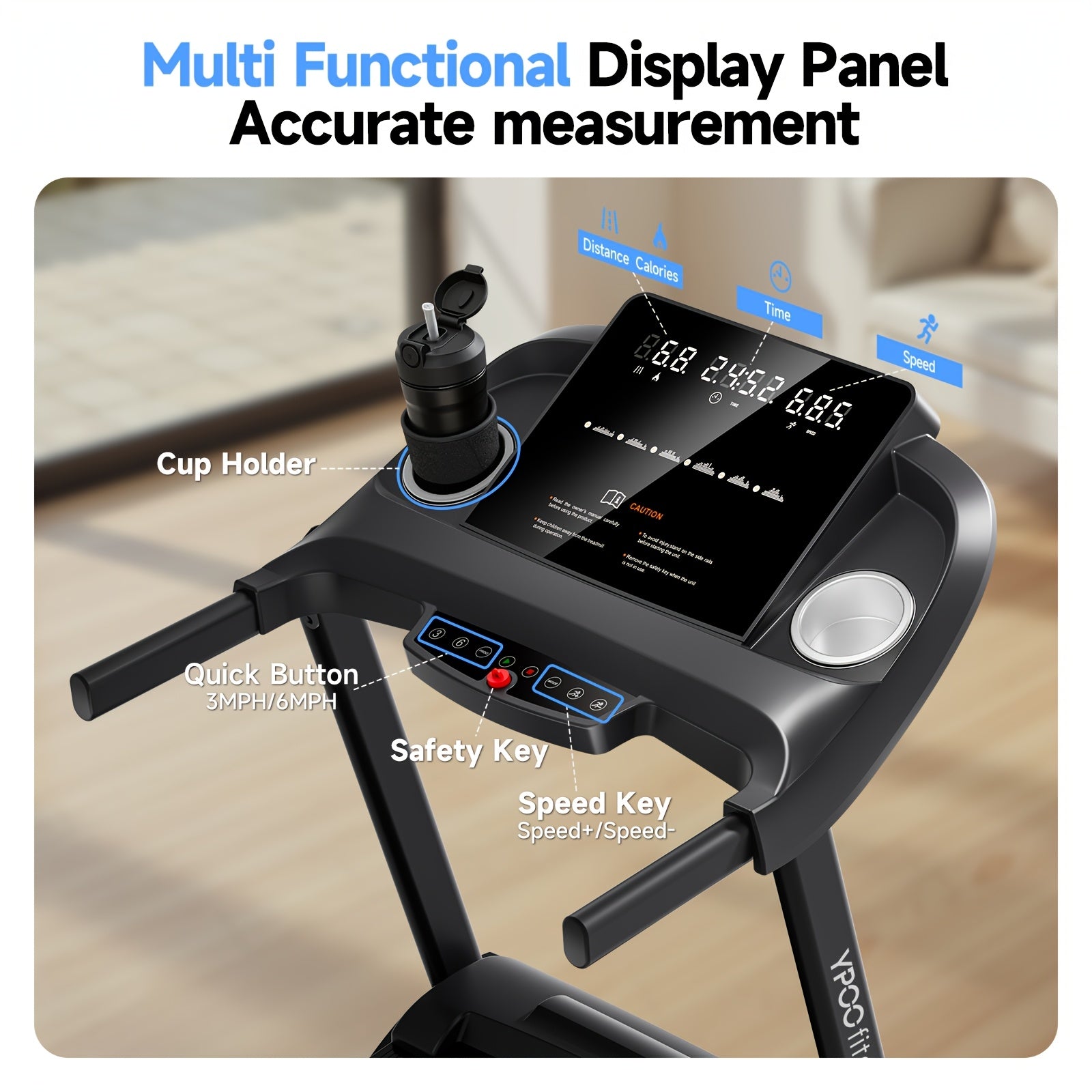 Home treadmill with slope self-folding wireless connection running mat, 8.0 mph speed, 300-pound weight-bearing home fitness treadmill