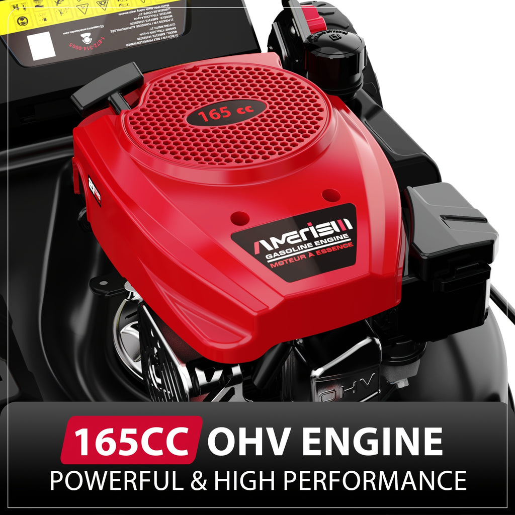 21-Inch self-propelled gasoline lawn mower with 165cc four-stroke engine, suitable for rear-wheel drive gasoline-powered lawn mowers in large yards and hillsides, three-in-one function of collecting grass/collecting grass bags/side rows, 6-speed height