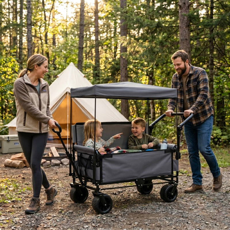 3-In-1 folding trolley with benches, awnings, and storage, 500 lb heavy duty, 47.55 gallon capacity, all-terrain trolley for camping, beach, sports, and gardens, gray