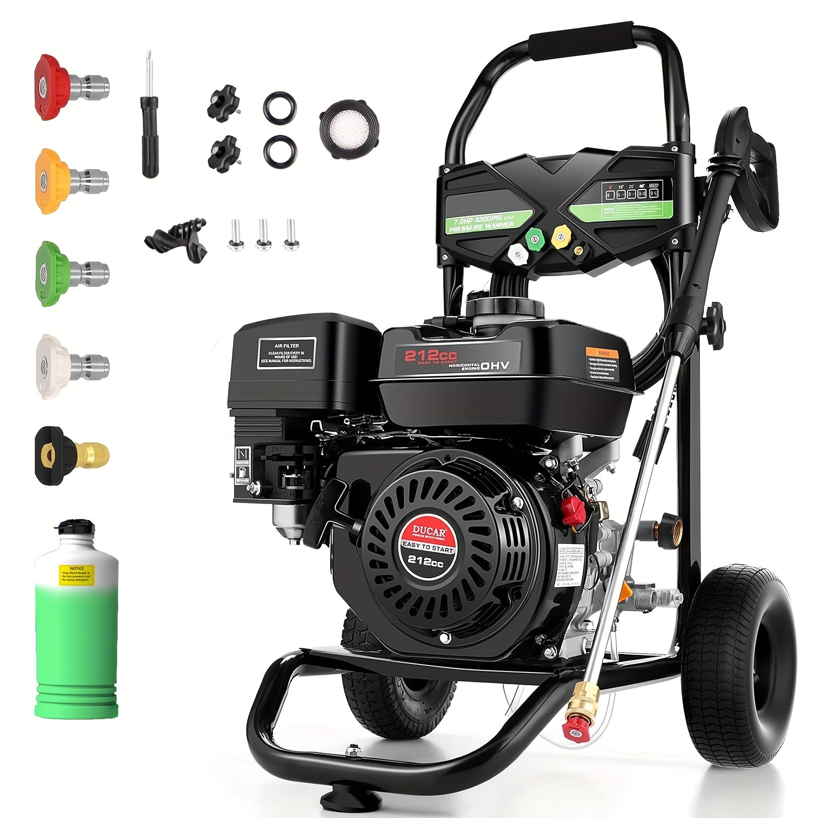 4200PSI Press Washer, 2.9GPM Commercial Gas-Powered Washer, 212cc 7.0 HP Engine, Includes 23.67oz Cleaning Fluid Tank, 5 QC Nozzles, 25 'Hose