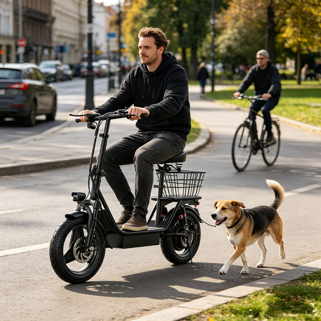 K10 electric scooter with charger, 650W motor, 48V 15AH commuter scooter, 25 miles range, electric scooter with basket (basket removable), dual disc brakes, LCD display
