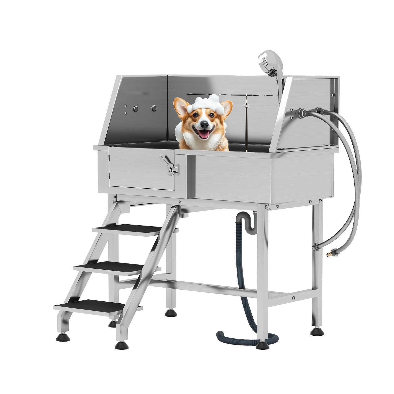 Household pet bath, XL 304 stainless steel professional pet bath with stairs, pet bath tub includes 3-speed adjustable shower head, removable mesh, easy to clean
