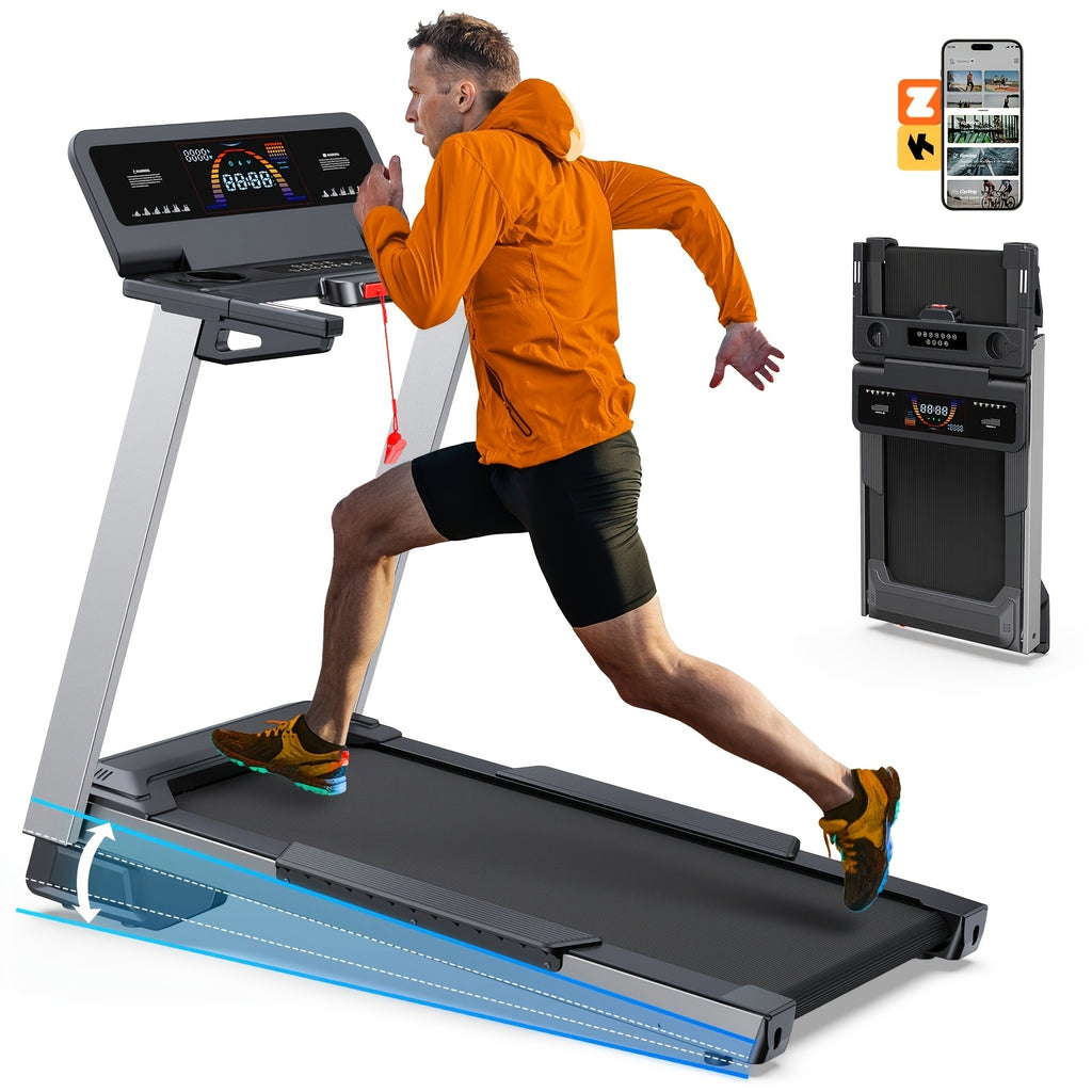 Foldable tilt treadmill 450 lb capacity, intelligent voice control, compatible with KINOMAP ZWIFT, heavy duty treadmill for gym and home use, 4.0HP ultra-quiet brushless motor, music player, heart rate monitor, battery-free