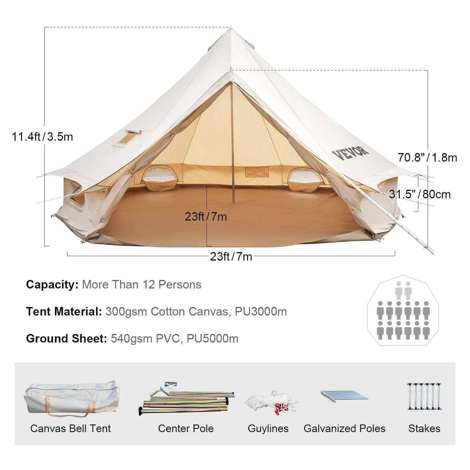 【DealsForYouDays】VEVOR Canvas Glamping Bell Tent Max 12 Persons, Breathable Waterproof Large Yurt Tent with Stove Jack and Detachable Side Wall for Family Camping