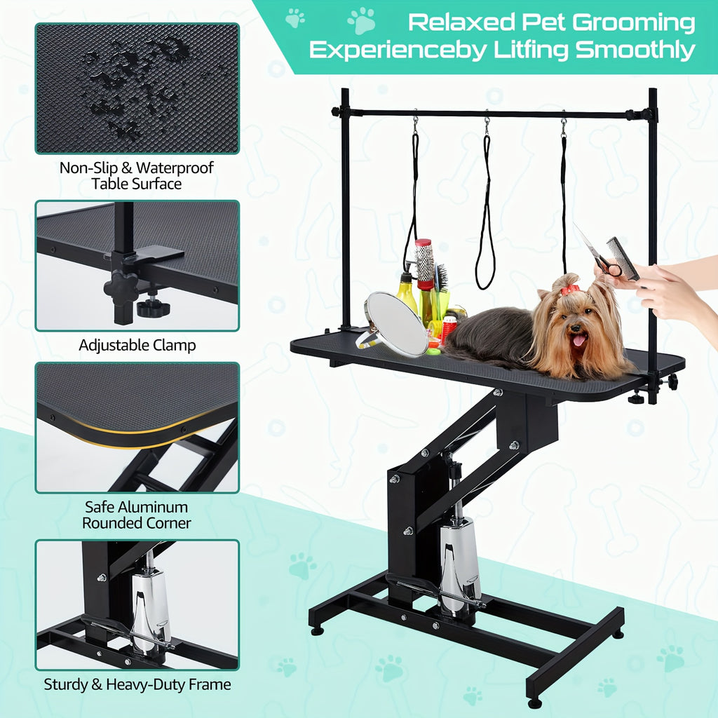 43.3 "Heavy Duty Hydraulic Pet Grooming Table with Adjustable Height (22" -39 ") and Top Arm with Trooping System - 350 lbs load-bearing capacity, sturdy A-frame base, hydraulic lift mechanism, suitable for professional pet salons, veterinary use, easy-to