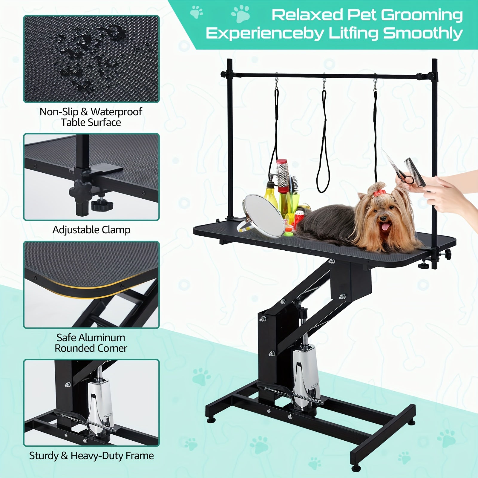 43.3 "Heavy Duty Hydraulic Pet Grooming Table with Adjustable Height (22" -39 ") and Top Arm with Trooping System - 350 lbs load-bearing capacity, sturdy A-frame base, hydraulic lift mechanism, suitable for professional pet salons, veterinary use, easy-to