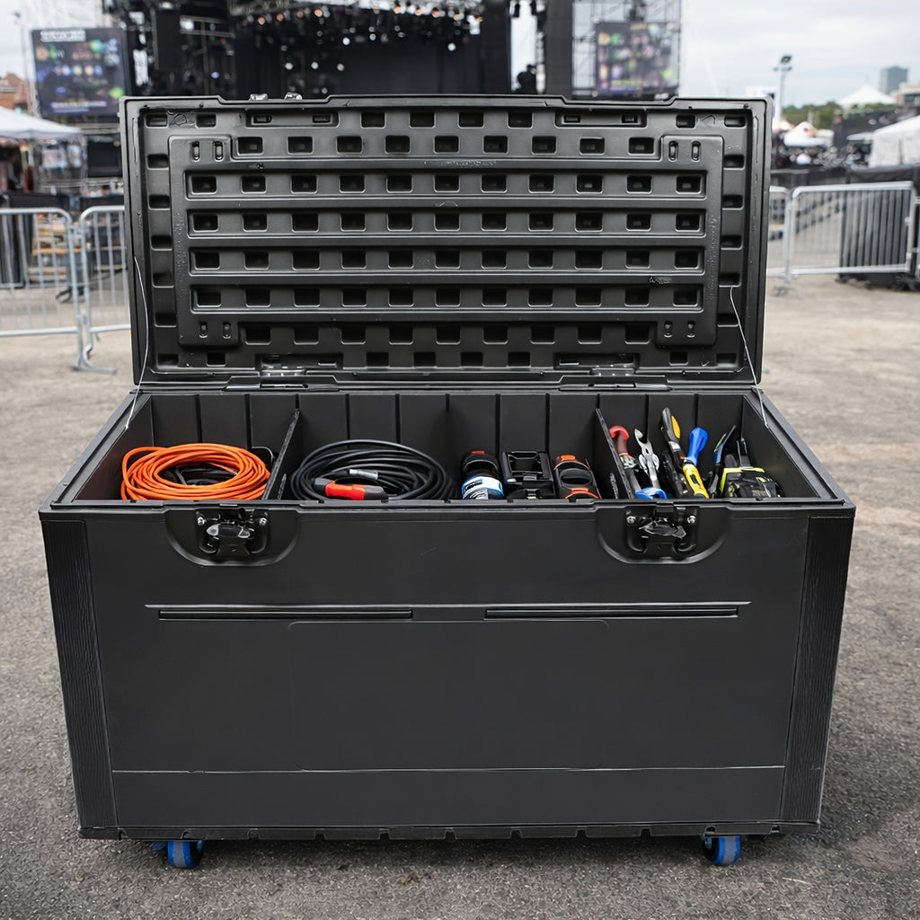 1 black wheeled cable box with dividers, size 44" x 22" x 24", stackable heavy duty ata rolling tool box, high density polyethylene (hdpe), tool box cable box for professional audio, dj equipment and instrument storage, with casters