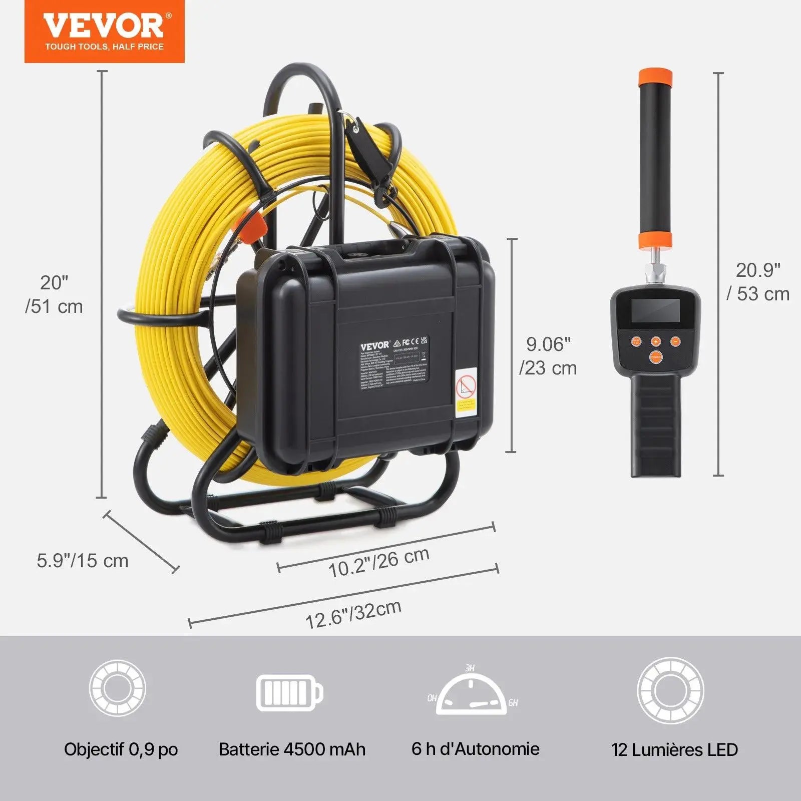 【DealsForYouDays】VEVOR Sewer Camera,  , Pipeline Inspection Camera with DVR Function, IP68 Camera with 12 Adjustable LEDs, A 16 GB SD Card for Sewer Line, Home, Duct Drain Pipe Plumbing