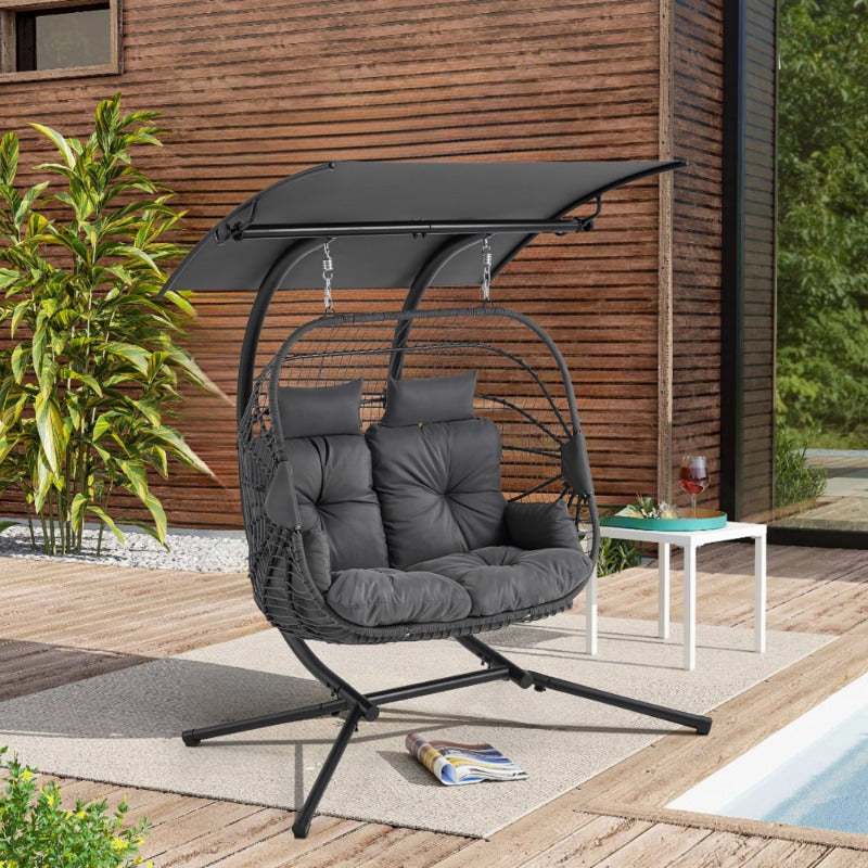 Double with canopy egg chair, outdoor rattan hanging chair with bracket and cushion, suitable for double hanging chair on backyard porch