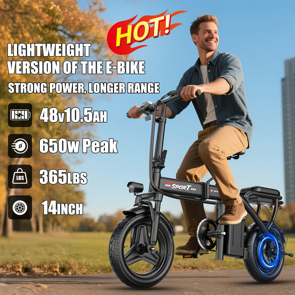 650W folding electric bicycle, 48V 10.5Ah removable lithium battery, fashionable 14-inch foldable commuter electric bicycle, unisex
