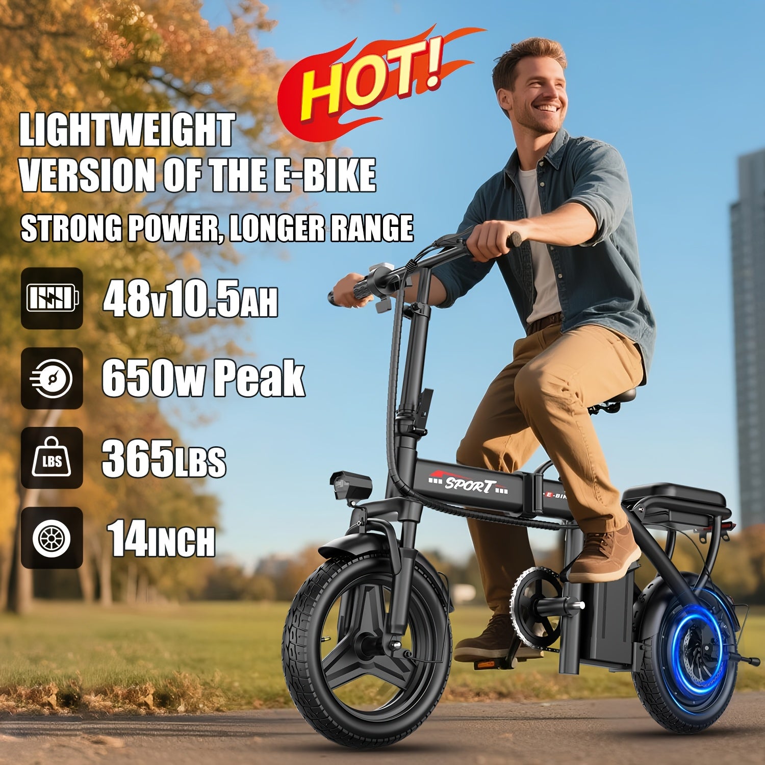 650W folding electric bicycle, 48V 10.5Ah removable lithium battery, fashionable 14-inch foldable commuter electric bicycle, unisex