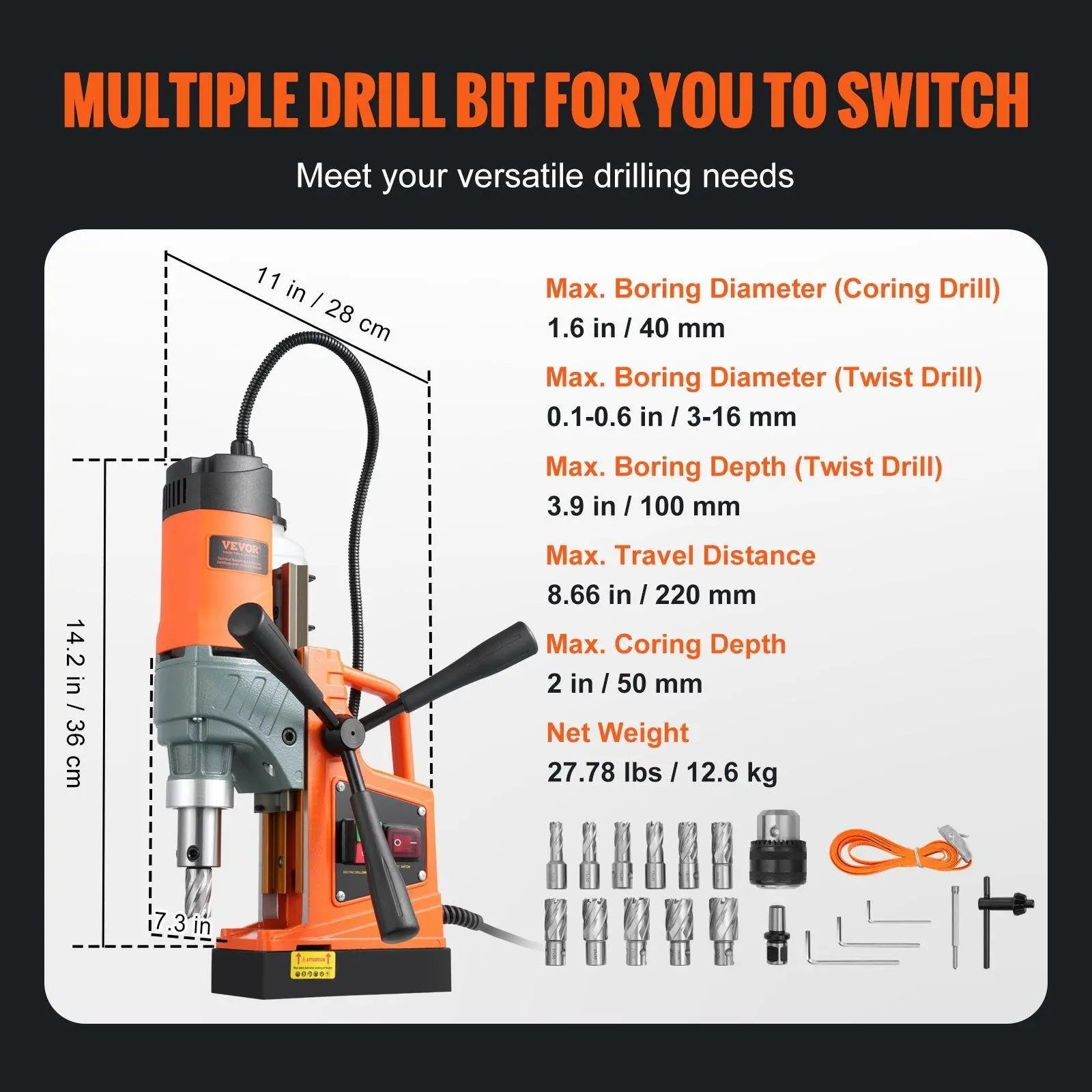 【DealsForYouDays】VEVOR Magnetic Drill, 1450W 2" Boring Diameter, 12800N Portable Electric Mag Drill Press, with Variable Speed, 800 RPM Drilling Machine for any Surface Home Improvement Industry Railway