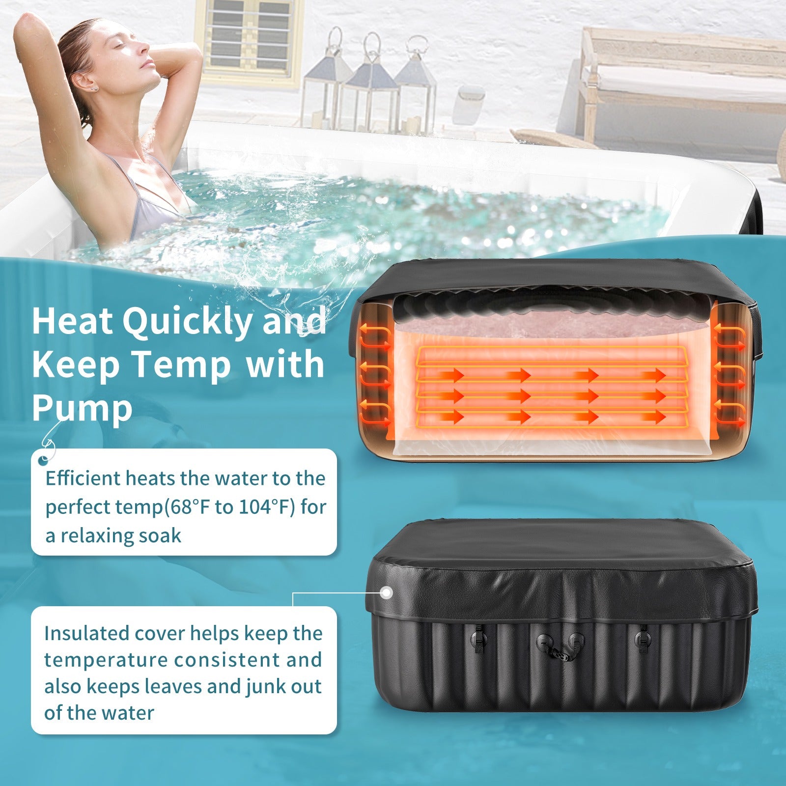 Heated Bath - Portable Large Square Heated Bath, Outdoor Spa Set Includes Heat Pump, Filter, and Spa Cover