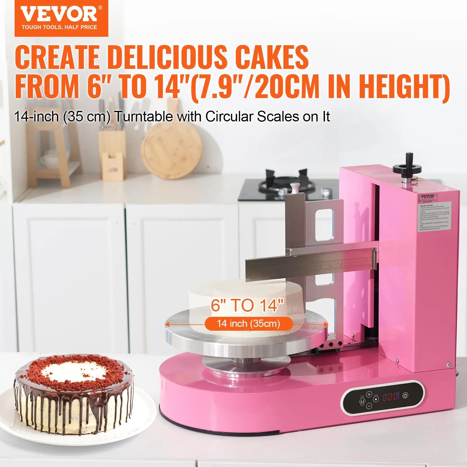 【DealsForYouDays】VEVOR Cake Decorating Machine, Cake Cream Spreading Coating Smearing Machine, Low Noise Cake Frosting Machine, Turntable with Adjustable Scraper, for 6" to 14" Cake, 25-320RPM Rotating Speed, Pink