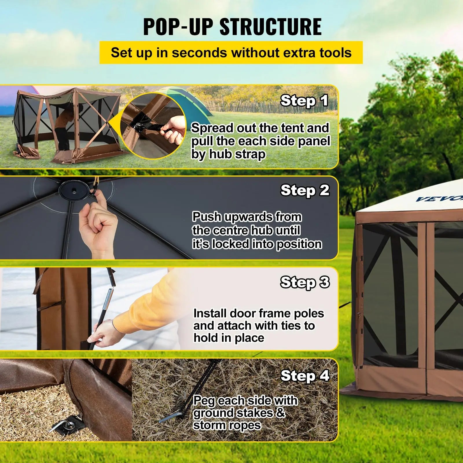 【DealsForYouDays】VEVOR Gazebo Screen Tent, 10 x 10 ft, 6 Sided Pop-up Camping Canopy Shelter Tent with Mesh Windows, Portable Carry Bag, Ground Stakes, Large Shade Tents for Outdoor Camping, Lawn and Backyard