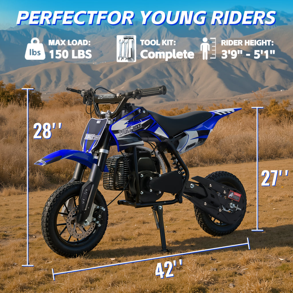 Gas oil motorcycle, off-road motorcycle, 49 CC two-stroke gas oil motorcycle (model: DB001), top speed: 20 Mph, EPA certified, with rear suspension, kill stop switch, disc brake. Surprise gift, battery free