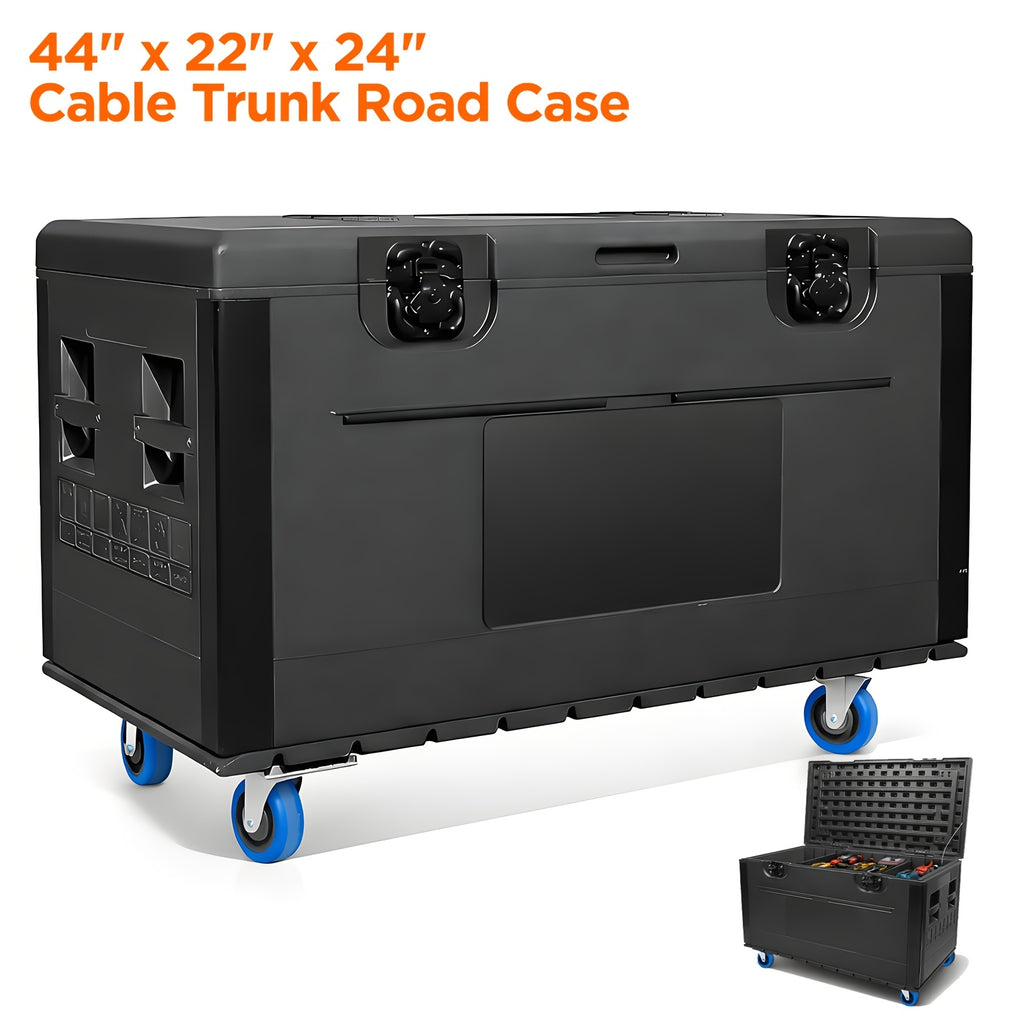1 black wheeled cable box with dividers, size 44" x 22" x 24", stackable heavy duty ata rolling tool box, high density polyethylene (hdpe), tool box cable box for professional audio, dj equipment and instrument storage, with casters