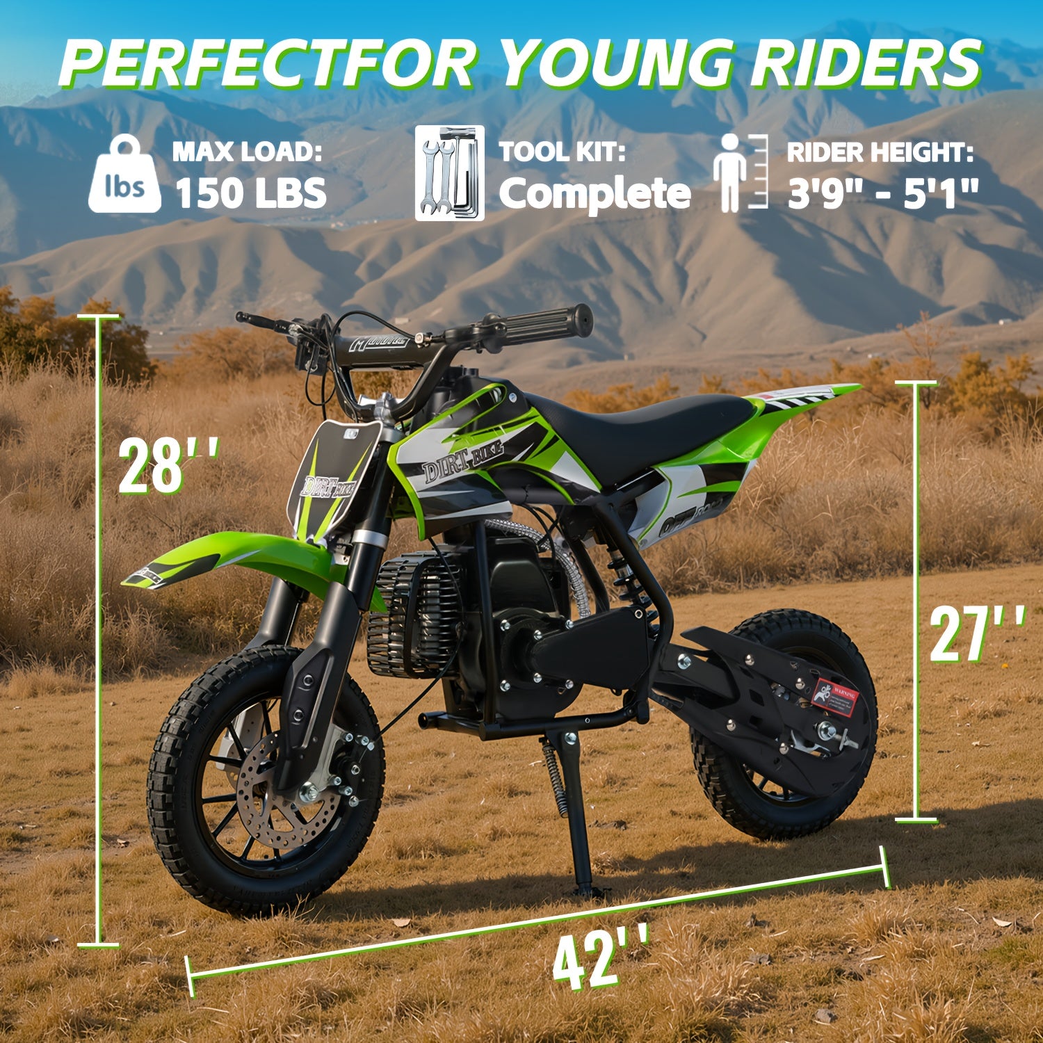 Gas oil motorcycle, off-road motorcycle, 49 CC two-stroke gas oil motorcycle (model: DB001), top speed: 20 Mph, EPA certified, with rear suspension, kill stop switch, disc brake. Surprise gift, battery free