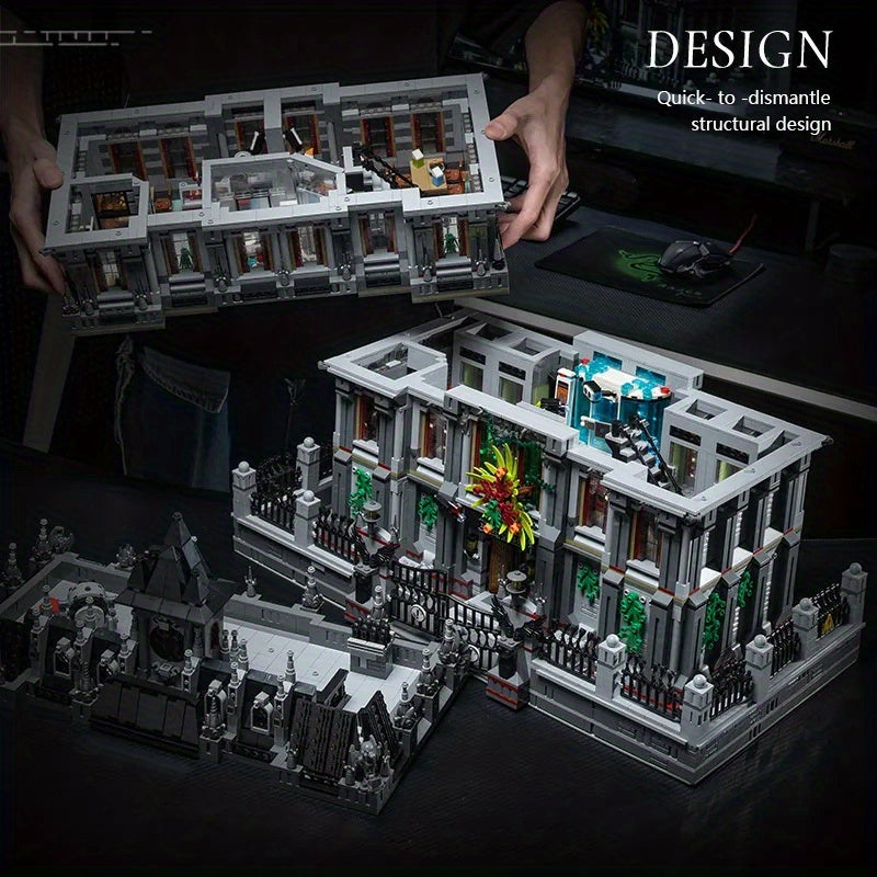 7499-piece giant bat movie hospital building block set (includes bottle opener), with lights, classic movie architecture blocks, perfect for fans, modular street view building block model, home decoration, christmas/new year gift