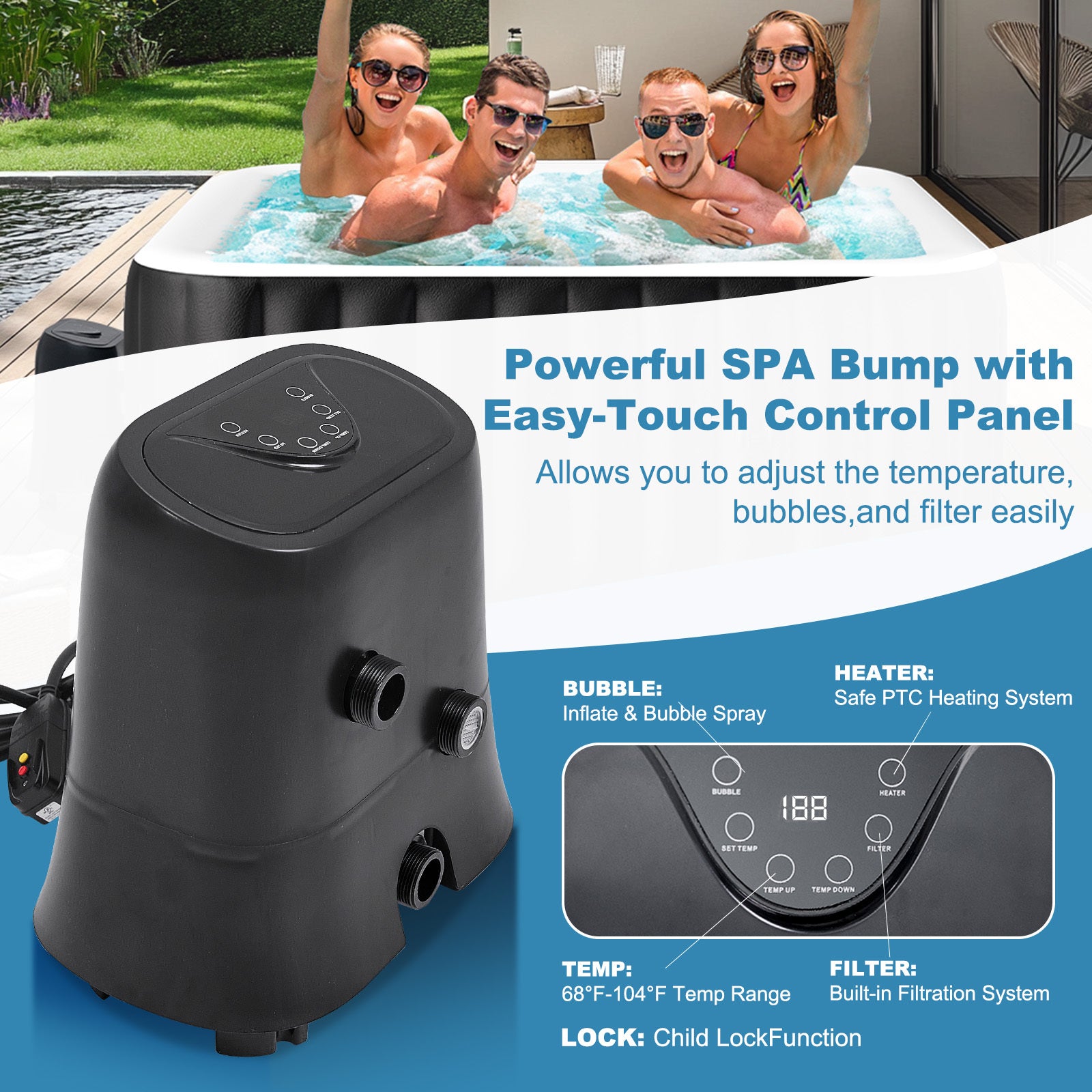 Heated Bath - Portable Large Square Heated Bath, Outdoor Spa Set Includes Heat Pump, Filter, and Spa Cover