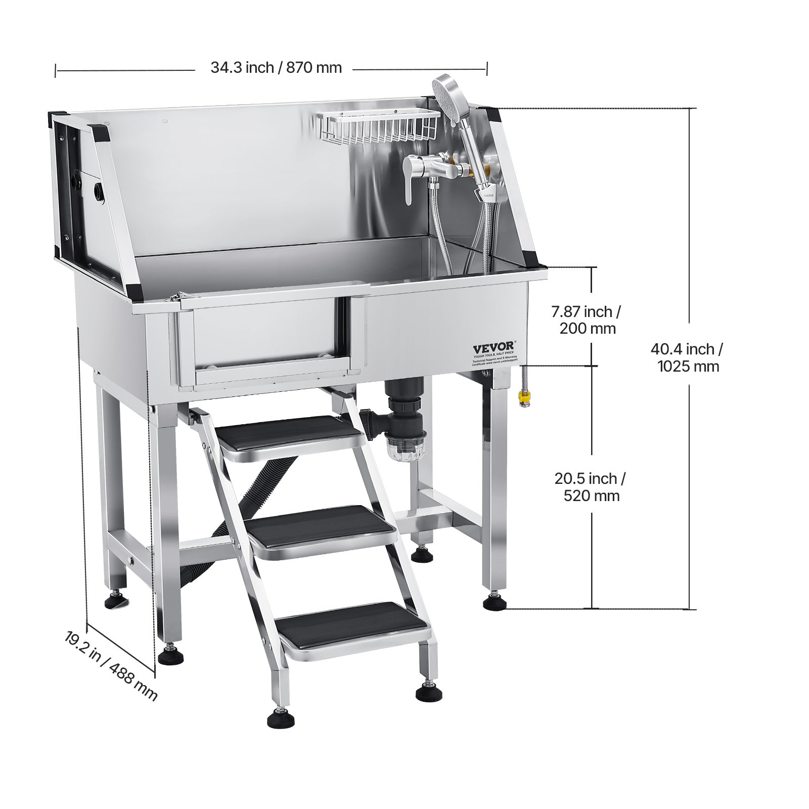 VEVOR 34 "/38"/Dog Barber Bath Stainless Steel w Step Faucet Left/Right Door