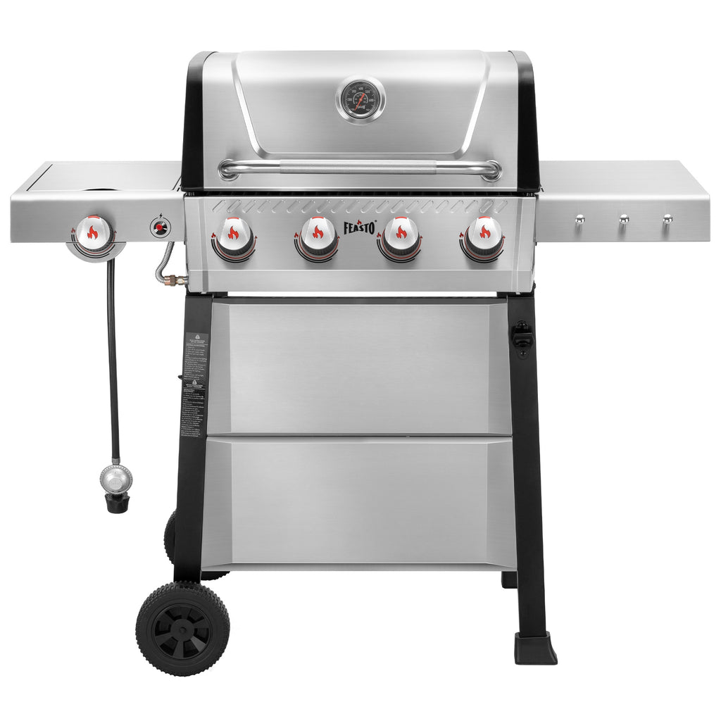 FEASTO 4-Burner Propane Gas Grill with Side Burner&Table, Outdoor BBQ Grill with Porcelain-Enamel Cast Iron Grates for Patio Cooking, Stainless Steel