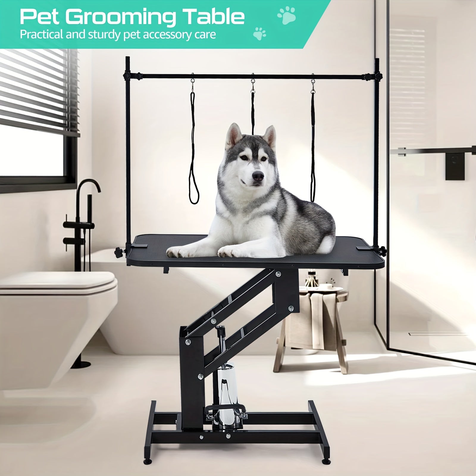 43.3 "Heavy Duty Hydraulic Pet Grooming Table with Adjustable Height (22" -39 ") and Top Arm with Trooping System - 350 lbs load-bearing capacity, sturdy A-frame base, hydraulic lift mechanism, suitable for professional pet salons, veterinary use, easy-to