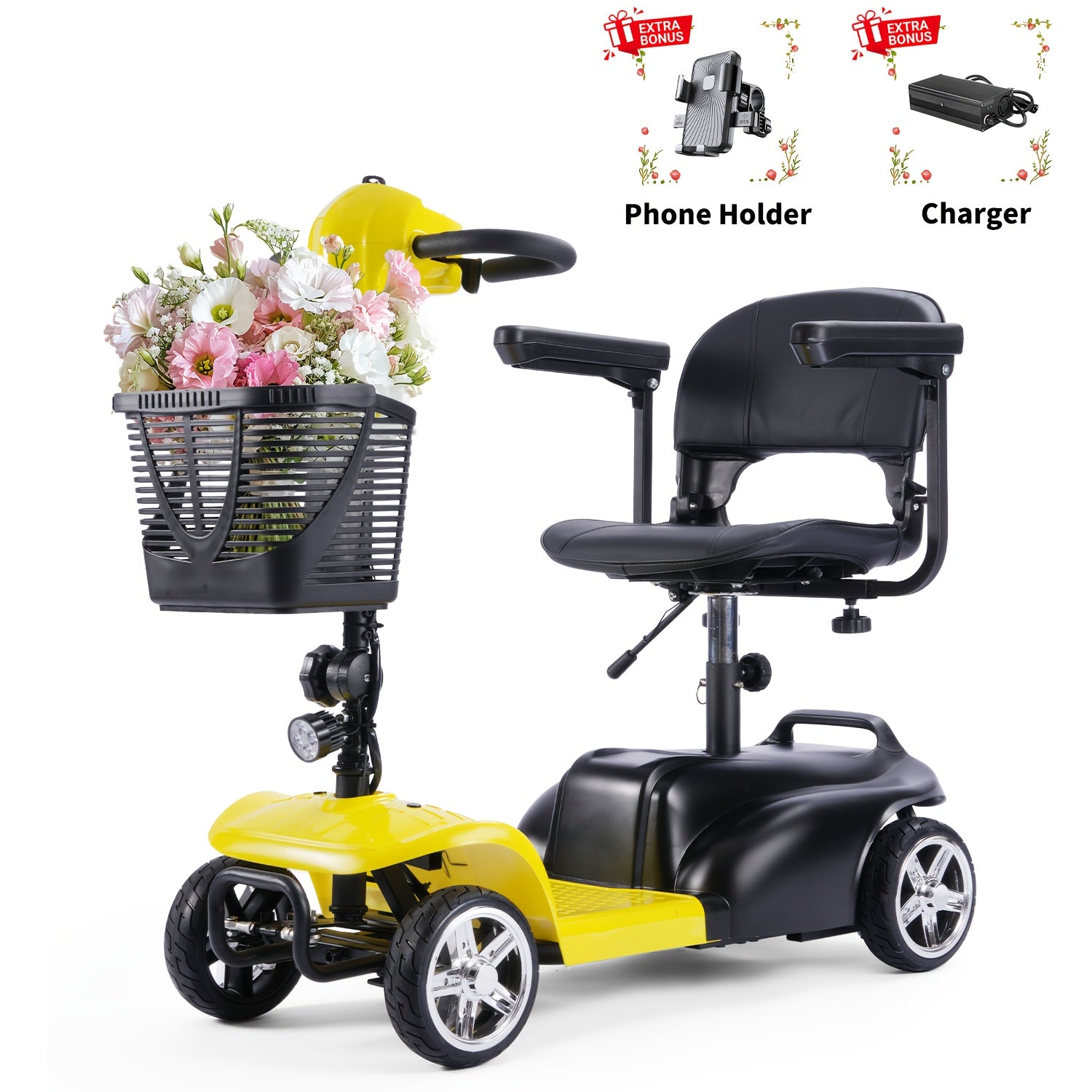 SAY YEAH Electric Quad Motorcycle/Folding Quad Drive, Adult Electric Bicycle, Quad Electric Bicycle, 250w 24v 13.5ah, with LED Headlights, Basket, 265lbs, 15.5 miles, with Removable Basket. Phone Holder and Charger