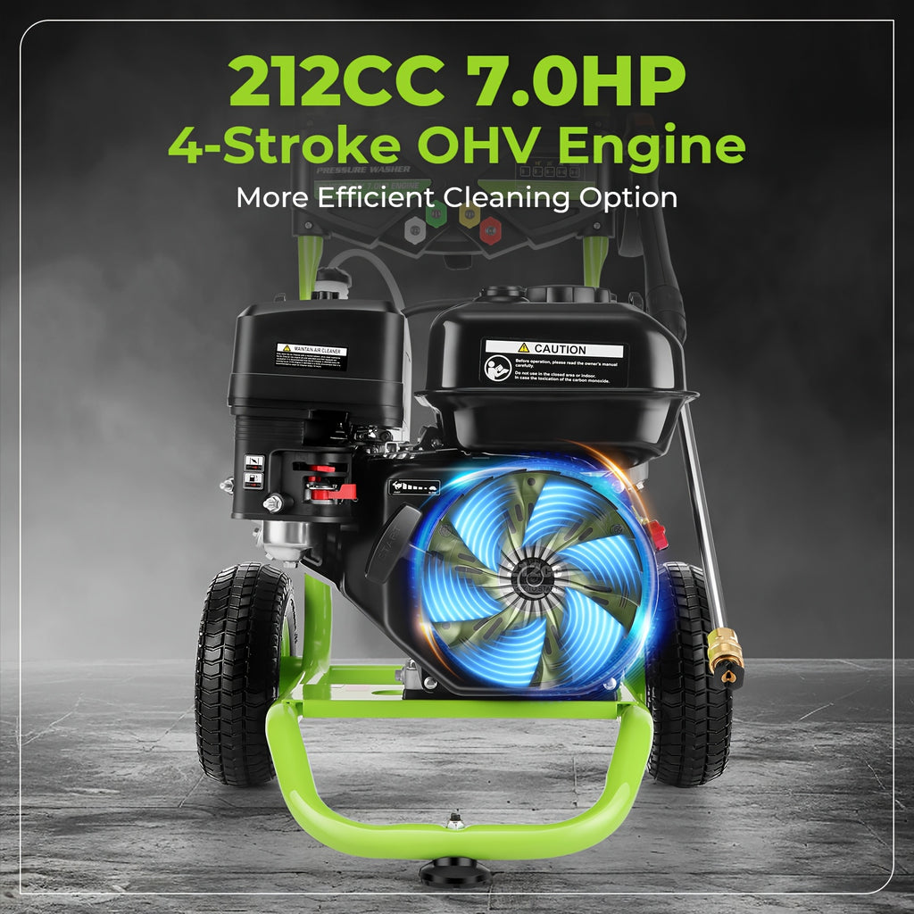 MAX 4200PSI 3GPM 212CC Commercial Gas Pressure Washer, 7.0 HP Professional Gas Pressure Washer with 5 Nozzles, 25FT Hose, and 33.81oz Foam Bottle for Automotive, Fence, Driveway, and Yard Cleaning (EPA/CARB/ETL Conformity Certification)