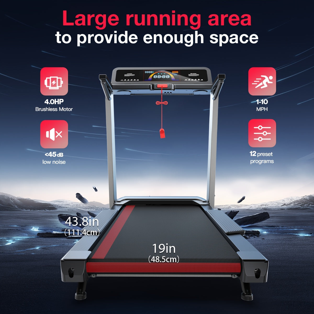 Foldable tilt treadmill 450 lb capacity, intelligent voice control, compatible with KINOMAP ZWIFT, heavy duty treadmill for gym and home use, 4.0HP ultra-quiet brushless motor, music player, heart rate monitor, battery-free