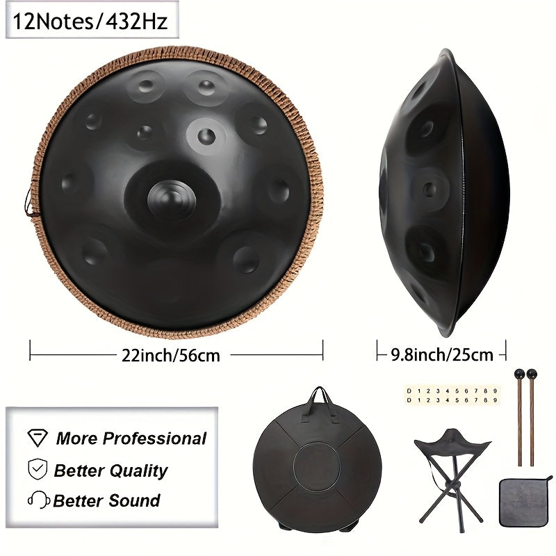Hand Disc Three Top Drum 12 Tones, 22 Inch D Minor Kurdish Hand Disc Drum, 432Hz Premium Steel Tongue Drum, Suitable for Adult Yoga Meditation, Sound Healing Instrument, Beginner Gift, with Tote, Drum Stick, Stand, Cloth, Sticker